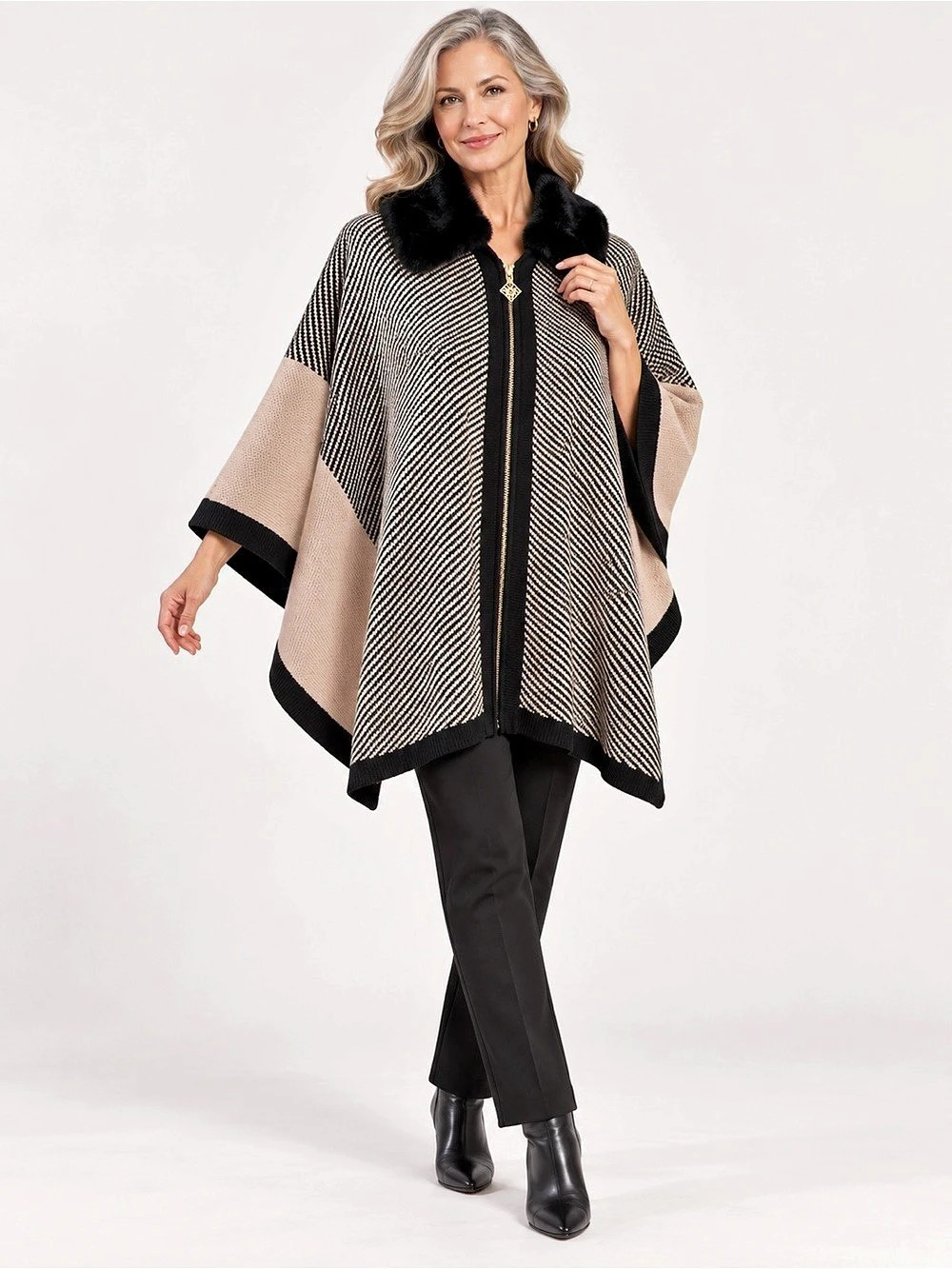 Anne Klein Faux Fur Collar Zip Front Poncho Cape Herringbone Tan Black SM Petite